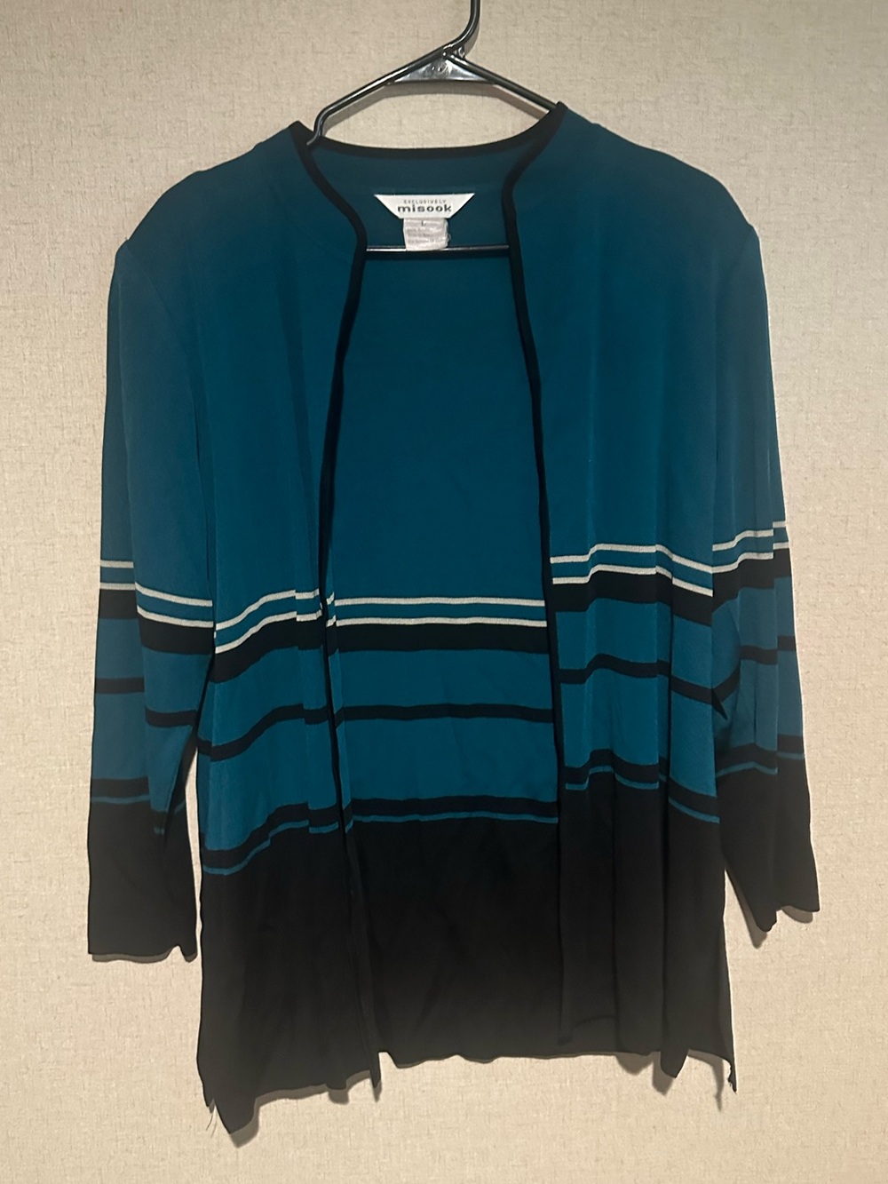 Misook Vintage Large Teal & Black Striped Cardigan Sweater